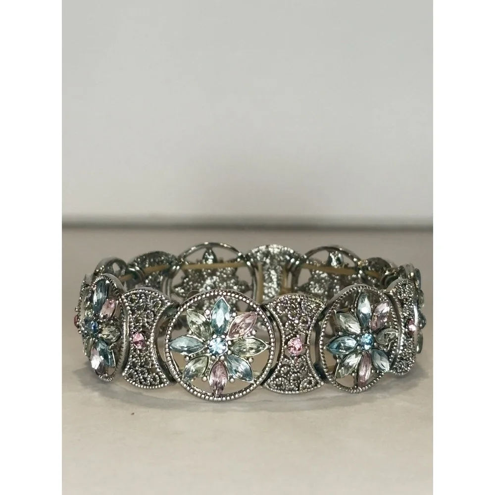 Vintage Silver Tone Pastel Rhinestone Stretch Bracelet